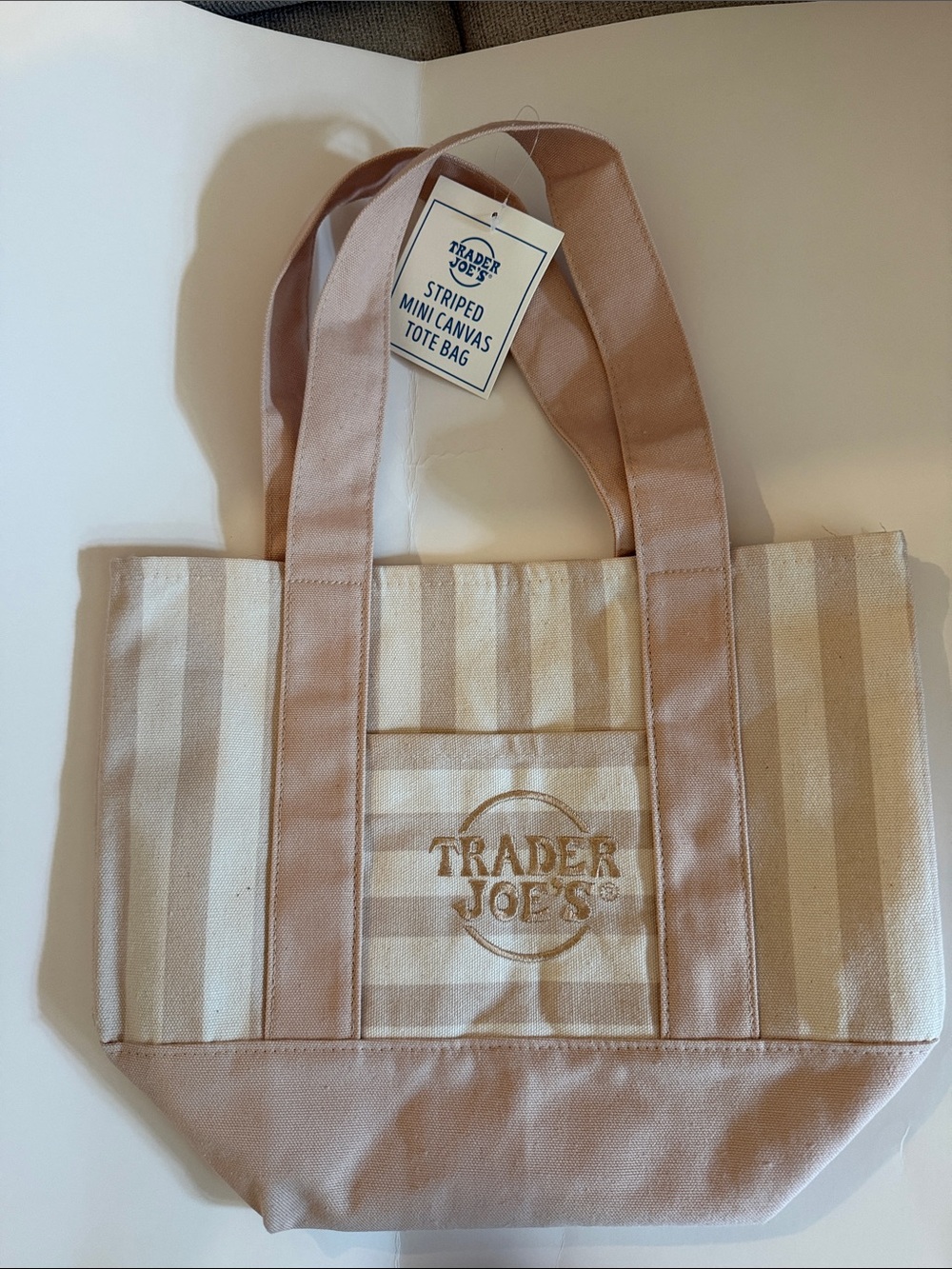 Trader Joe's NWT Striped Mini Canvas Tote in Beige and Cream - Picture 3 of 5